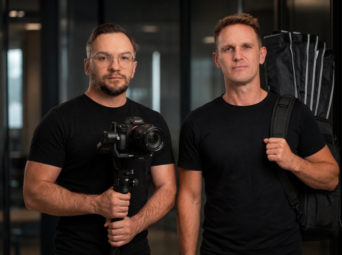 Fabian (links) mit Kamera und Fabius (rechts) mit Equipment-Tasche